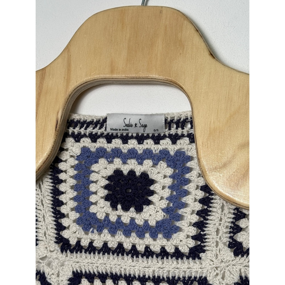 Sadie & Sage Blue White Cotton Granny Square Crochet Open Cardigan OS AG2414